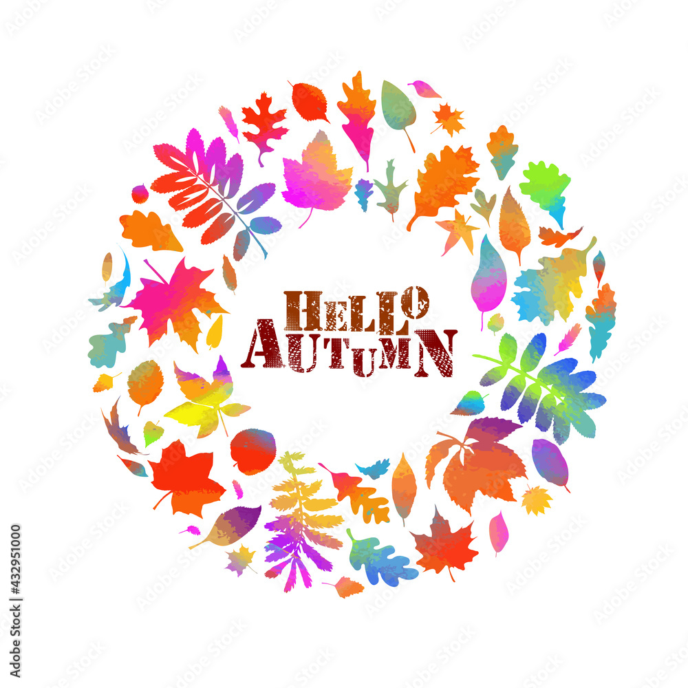 Round frame made from leaves. Floral frame. Mixed media. Hello, autumn. Vector illustration Round frame made from leaves. Floral frame. Mixed media. Hello, autumn. Vector illustration