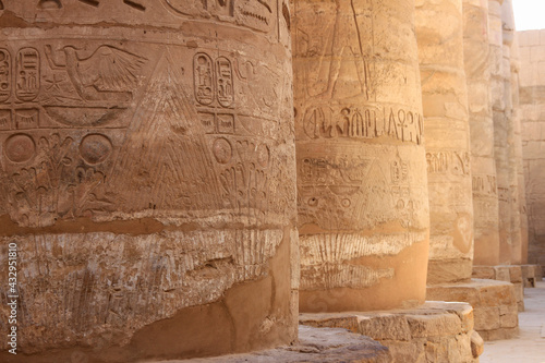Row of columns with hieroglyphics at Temple of Karnak, Luxor, Egypt 