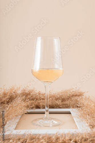 Refreshing white wine with beige summer pampas grass in white frame.