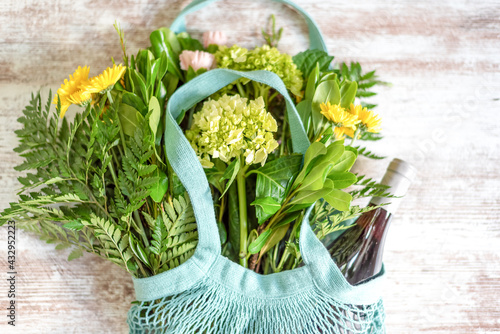 Pretty reusable cotton gift bag with flowers and wine