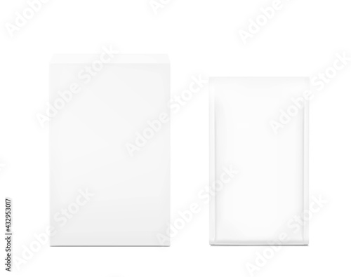 High realistic vertical bag with box mockup. Front view. Vector illustration isolated on white background. Ready for use in presentation, promo, advertising and more. EPS10.