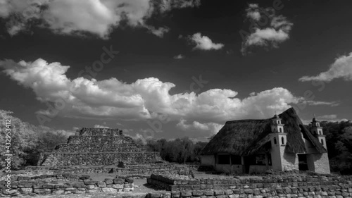 Black and white wide angle time lapse of Xcambo, Mayan ruins in Telchac, Yucatan, Mexico. photo