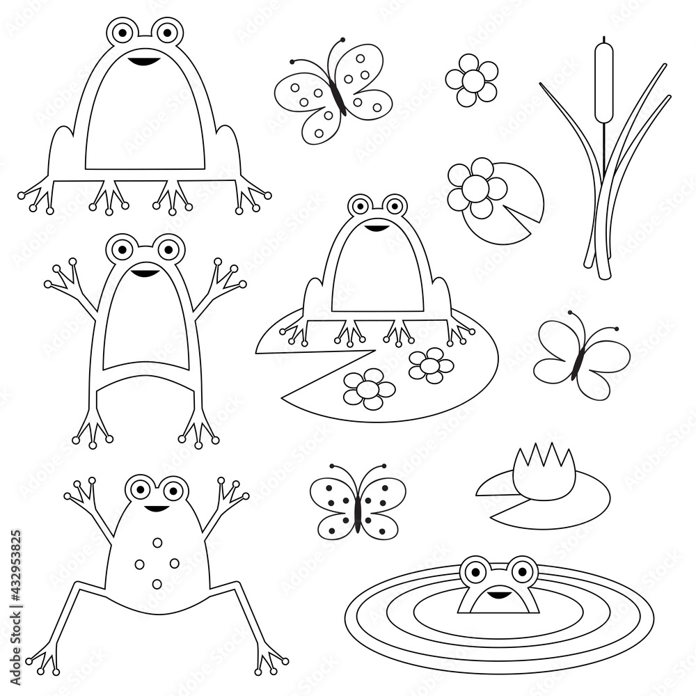 Fototapeta premium frogs butterflies and lilypads digital stamps