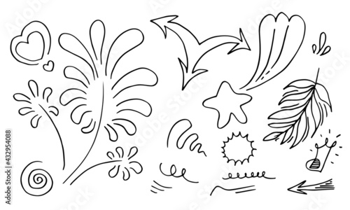 hand drawn set elements, black on white background. arrow, leaf, star, heart, light, king, emphasis, swirl, for concept design.