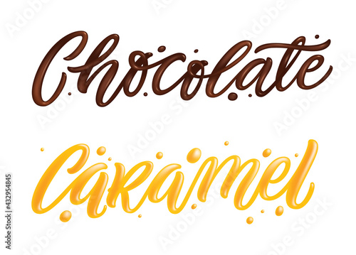 "Caramel" and "Chocolate" hand drawn lettering quote, liquid, sweet and glossy letters isolated on white background. Vector templates for sweet food packaging design.  © Very Well Studio