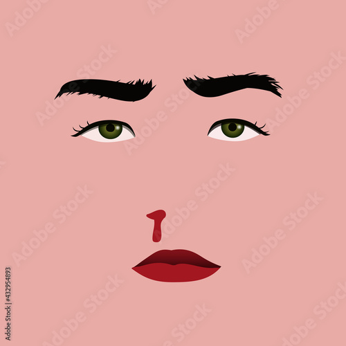 Vector ilustration of parts of woman's face: sad eyes, lips, brows and nose bleeding. Violence,  traumatized women and abuse concept.