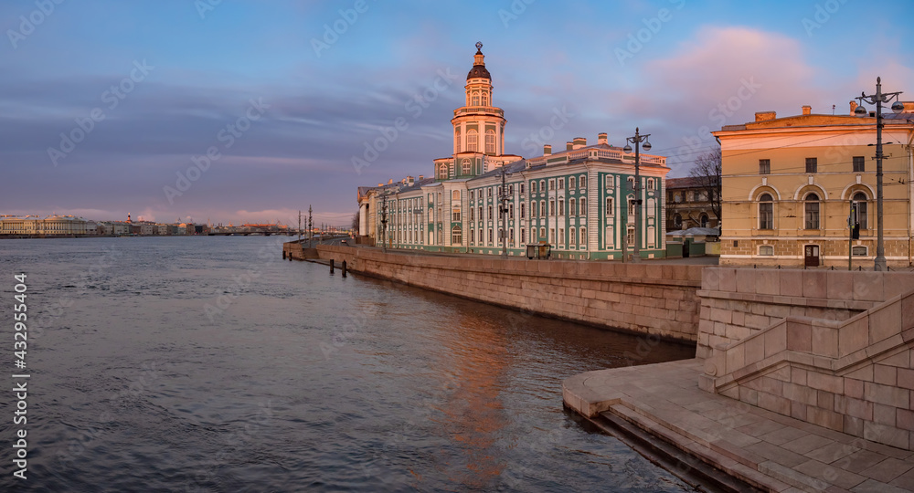 Saint-Petersburg in the white nights. Vasilievsky Island in the early morning. Cities of Russia. Dawn in St. Petersburg. Kunstkamera on the background of a beautiful sky. Petersburg rivers. Neva river