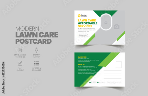 Lawn Mower Garden or Landscaping Service Postcard Template. Eddm Postcard Design, Event Card Design, Direct Mail Template, Invitation Design. leaflet, grass, equipment, gardener