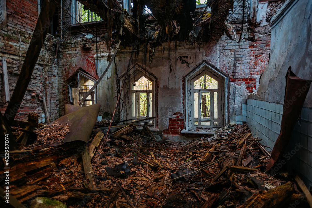 Inside old ruined abandoned historical Khvostov's mansion in Gothic style Inside old ruined abandoned historical Khvostov's mansion in Gothic style