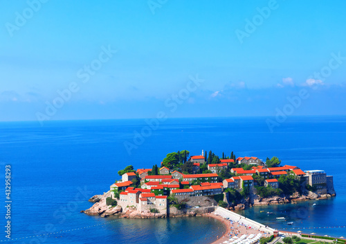 Luxury tourist resort at Adriatic Sea . Spectacular scenery of famous Sveti Stefan island on Adriatic coast of Montenegro Montenegro most iconic destination