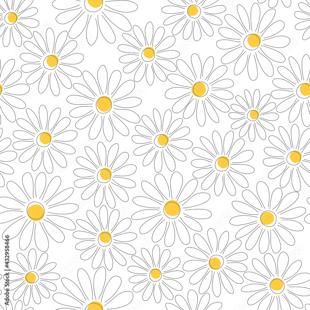 Simple daisy flowers. Seamless pattern. Vector graphic drawing. Floral pattern.