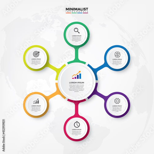Info graph 6 element with centre circle. graphic chart diagram, business timeline graphic design in bright rainbow color with icons.