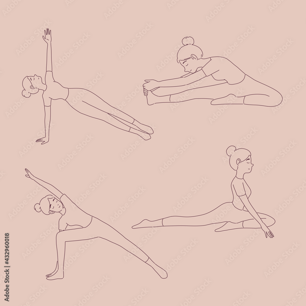 Girl Different Yoga Poses Line Style_3
