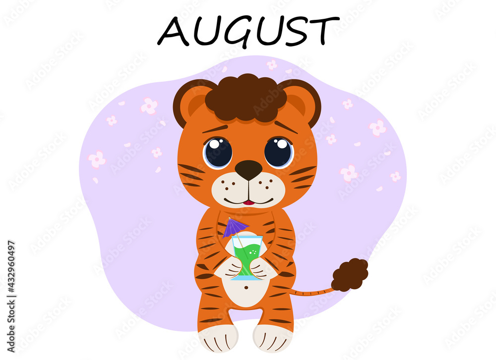 Illustration of a tiger cub in August with a cocktail or juice Illustration of a tiger cub in August with a cocktail or juice