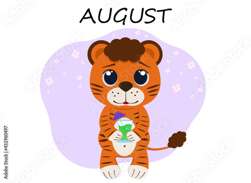 Illustration of a tiger cub in August with a cocktail or juice