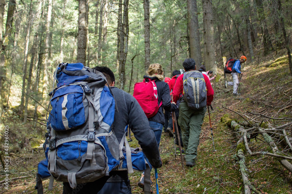 A group of hikers with backpacks hiking through the forests of Iztaccihuatl in Mexico A group of hikers with backpacks hiking through the forests of Iztaccihuatl in Mexico