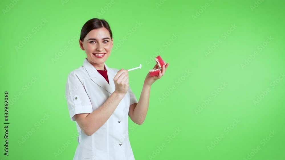 Attractive female dentist is holding plastic jaws and dental mirror in hands, looking into the camera and smiling. Green screen is on the background Attractive female dentist is holding plastic jaws and dental mirror in hands, looking into the camera and smiling. Green screen is on the background
