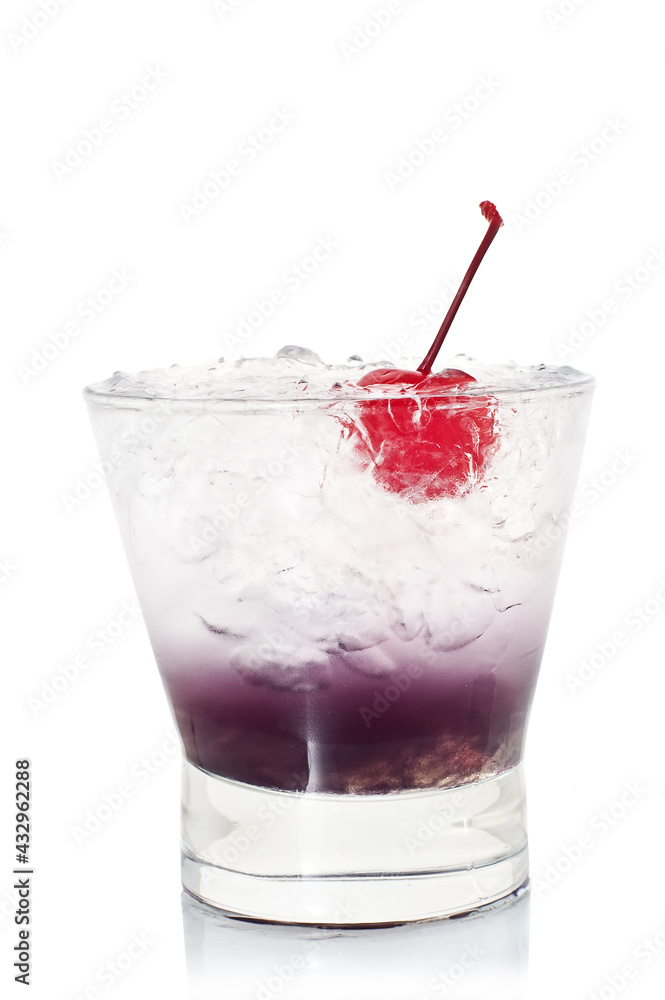 cocktail with ice and cherry on white background cocktail with ice and cherry on white background