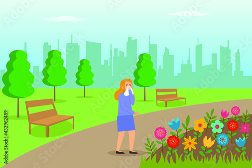 Allergy vector concept: Young woman suffering allergy to flowers and sneezing with her handkerchief