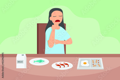 Allergy vector concept: Young woman suffering allergy of some foods while sitting in dining room