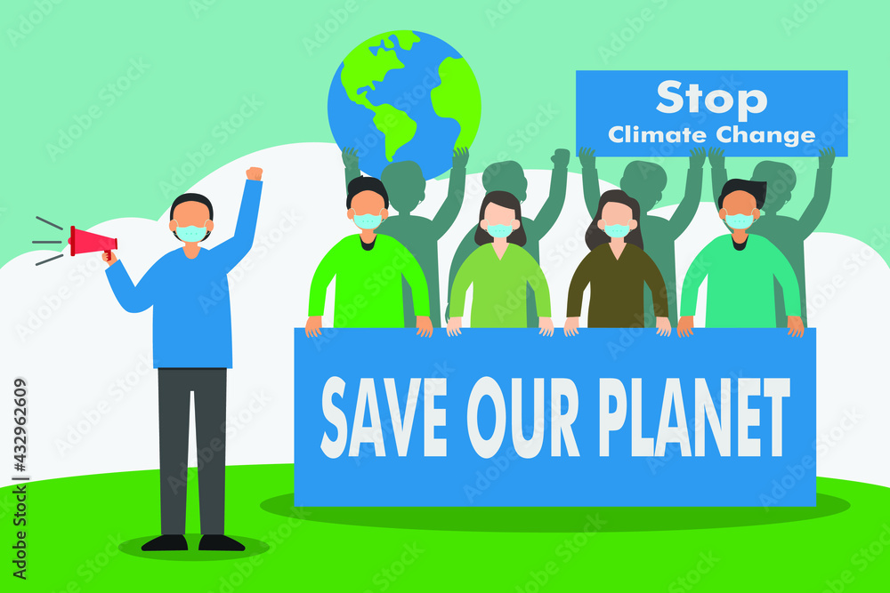 Naklejka premium Save world+ vector concept: Demonstrators speaking save our world with megaphone while wearing face mask in new normal