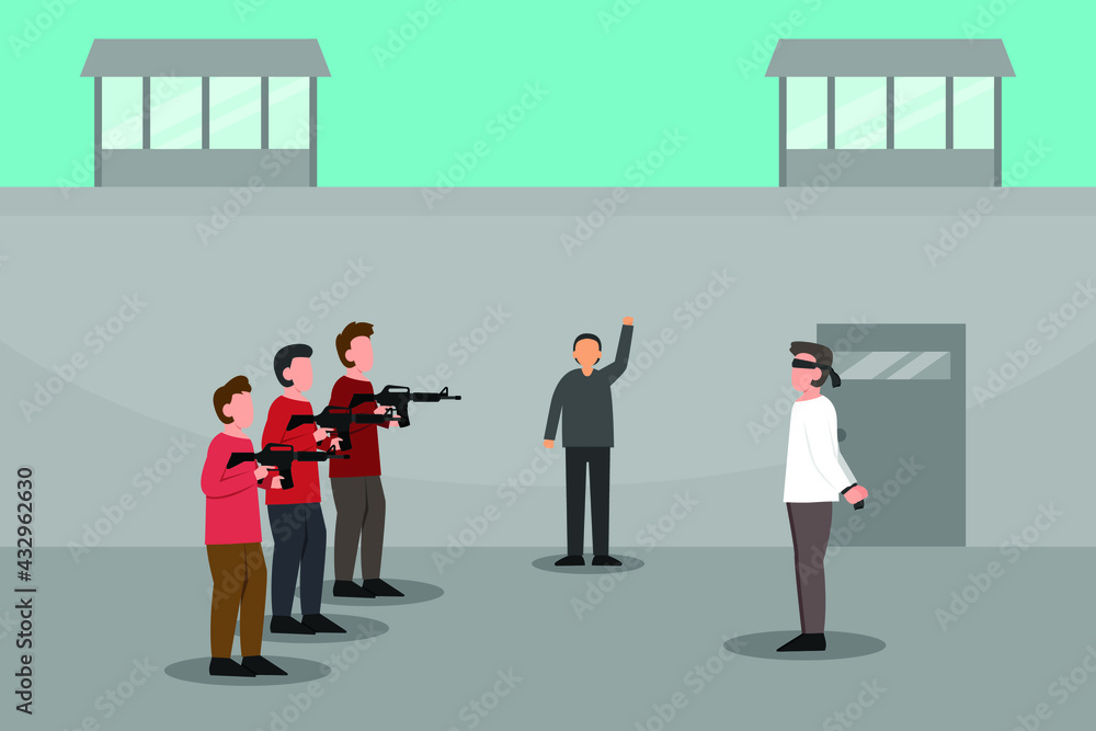 Death penalty vector concept: Executor team ready to shoot male prisoner while using shoot gun Death penalty vector concept: Executor team ready to shoot male prisoner while using shoot gun