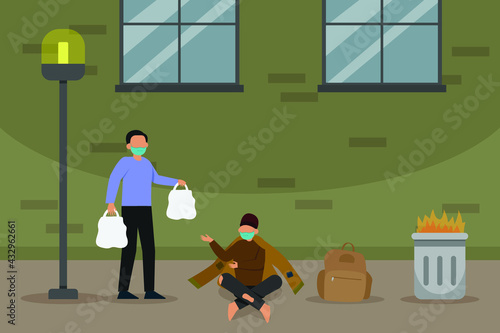 Homeless vector concept. Homeless man getting food charity from volunteer at roadside