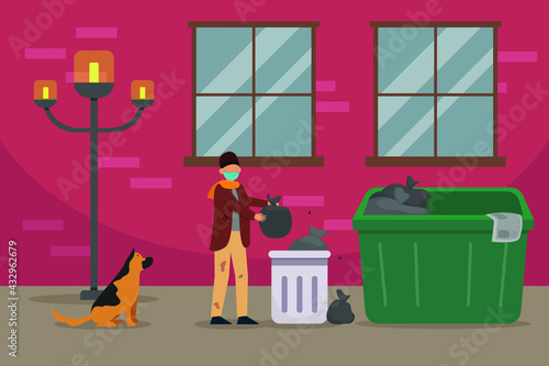 Homeless vector concept. Homeless people sitting on the street begging for help and money