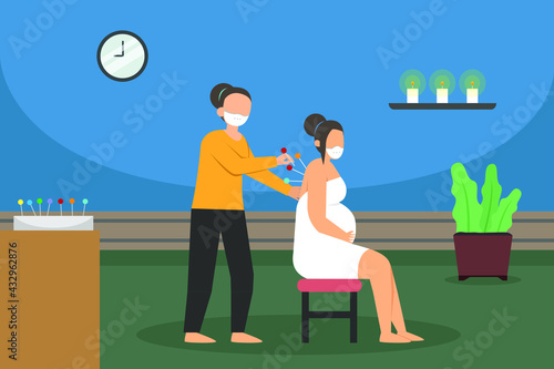 Acupuncture vector concept. Pregnant woman getting acupuncture on her back in the clinic