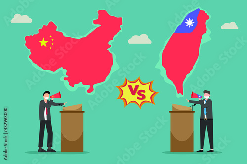 Taiwan vs China in World political war concept. Taiwanese and chinese diplomat are debating in a meeting
