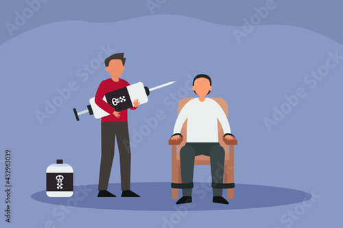 Death penalty vector concept: The executor giving lethal injection syringe to male prisoner