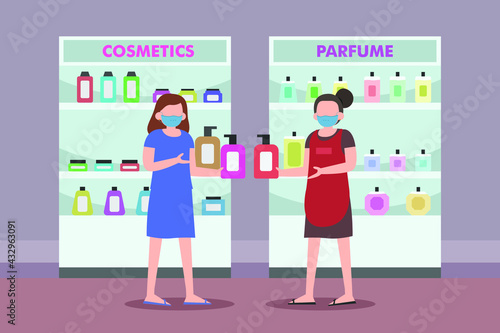 Cosmetics vector concept. Woman wearing face mask and asking cosmetics on saleswoman in the cosmetics store
