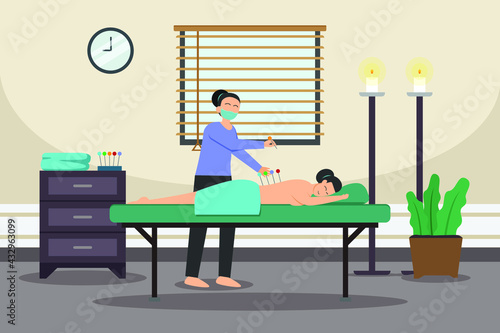 Acupuncture vector concept. Woman getting acupuncture treatment in the clinic