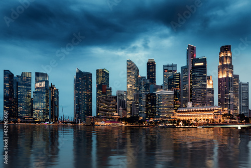 Canvas Print Business Financial Downtown City and Skyscrapers Tower Building at Marina Bay, Singapore, Cityscape Urban Landmark and Business Finance District Center in Twilight Scene, Capital City of Singapore