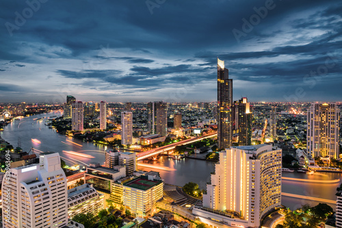 Bangkok City Aerial View and Skyscraper Cityscape of Thailand  Night Scenery View Business Downtown and Fianancial District of Thailand. Landscape Urban Skyscrapers Building of Bangkok Capital City