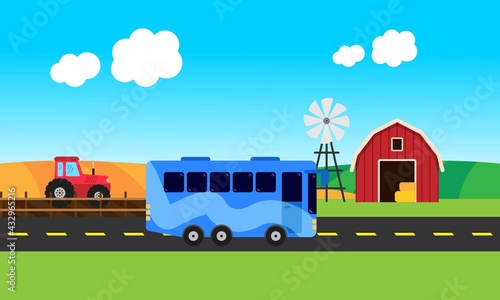 Autobús en medio de la carretera con granja de fondo.