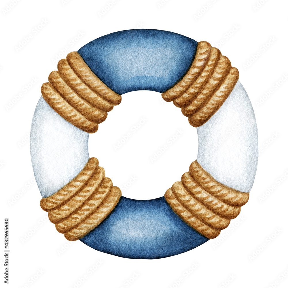 Watercolor blue white Life Buoy, safety ring with rope. Nautical
