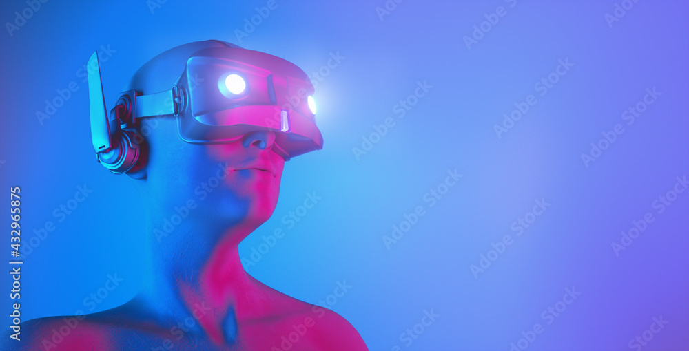 3D illustration of female bust statue with virtual reality glasses and red and blue lights
3D illustration of female bust statue with virtual reality glasses and red and blue lights