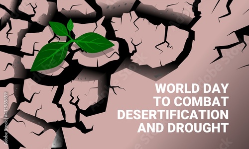 Vector illustration, new plant shoots on dry soil, as background image, banner, poster or template, World Day for
Combating Desertification and
Drought.