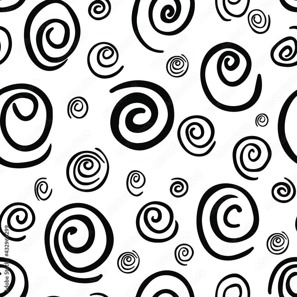 Grunge texture seamless pattern of different spirals. Hand drawn ink brush black and white stains design elements. Vector illustration for wallpaper, greeting card, wrapping paper, textile, cover