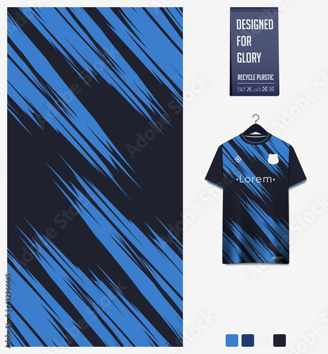 Soccer jersey pattern design.  Abstract pattern on blue background for soccer kit, football kit or sports uniform. T-shirt mockup template. Fabric pattern. Sport background. 