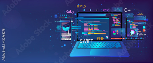 Web banner Development Software and UI interface in different devices. App dashboard with code and UI elements graph and charts, analytics data, testing website or platform and coding process. Vector