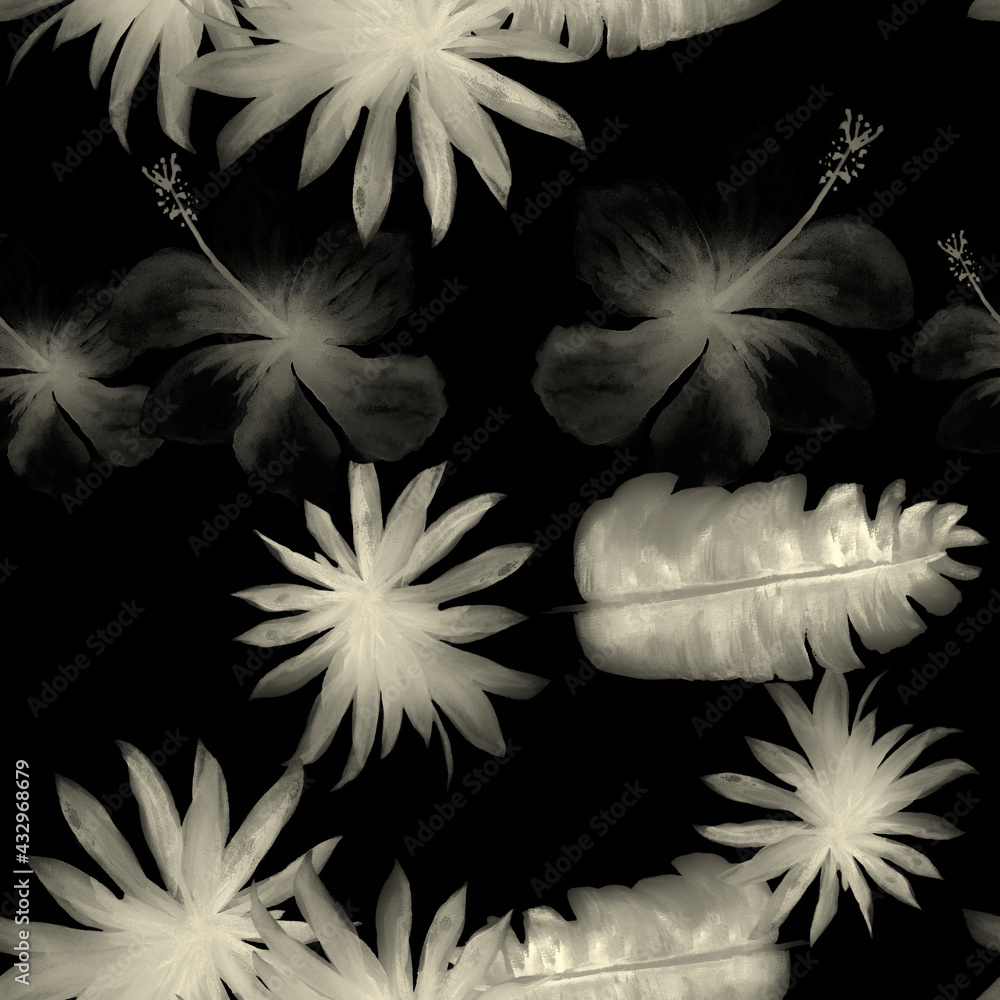 Obraz premium Black Seamless Exotic. White Pattern Painting. Gray Tropical Leaves. Banana Leaves. Flower Plant. Floral Painting. Watercolor Foliage. Decoration Nature.