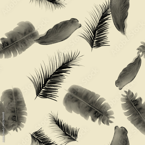 Black Tropical Art. Gray Seamless Vintage. White Pattern Plant. Decoration Art. Banana Leaves. Isolated Hibiscus. Spring Leaf. Watercolor Textile.