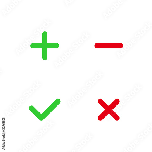 plus icon, minus icon, check mark icon, and cross icon vector sign symbol