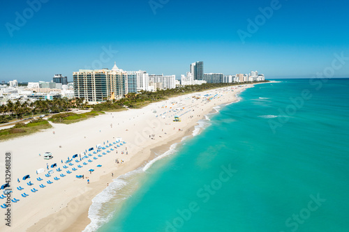 Aerial drone view of Miami Beach over the Art Deco districts in South Beach