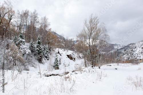landscape with high mountains covered with snow in Almaty