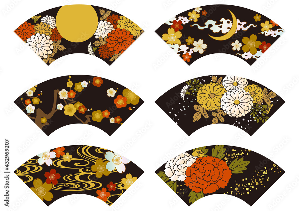 漆塗り 蒔絵 螺鈿の和柄イラスト 扇面 黒地 Stock Vector Adobe Stock