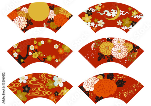 漆塗り・蒔絵・螺鈿の和柄イラスト　扇面 赤地 朱