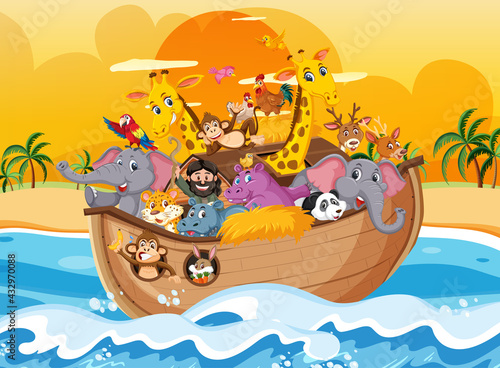 Noah's Ark with animals in the ocean scene
